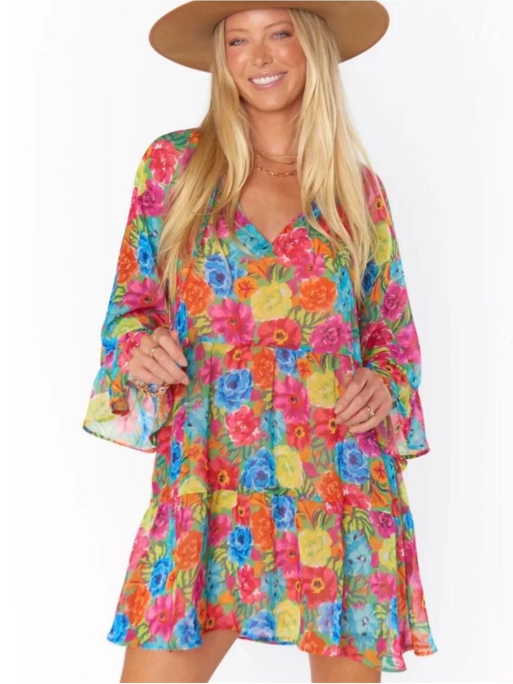 Show Me Your MUMU Floral Mini Dress Size S Boho Bell Sleeve Ruffle Multicolor